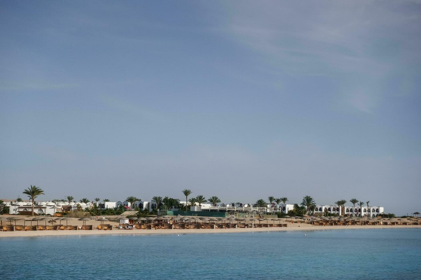 buildings palm trees and the beach from a resort in marsa alam on vacation photo