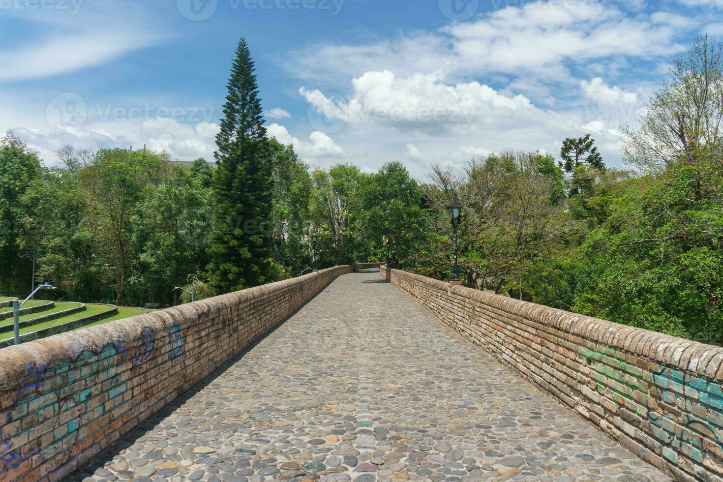 Roca puente terminado el río en el parque con arboles y azul cielo foto