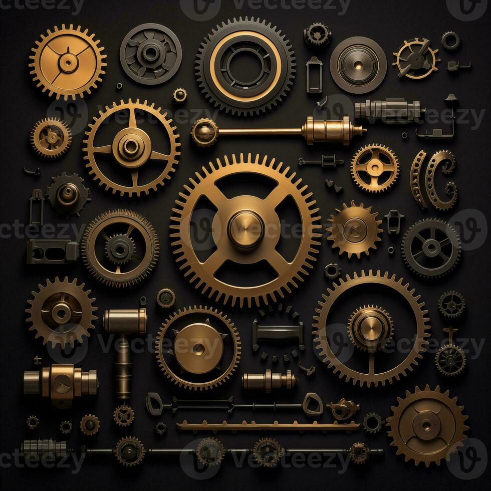 Ai generated knolling object separate part of gear mechanical. gold and black theme. background wallpaper. photo