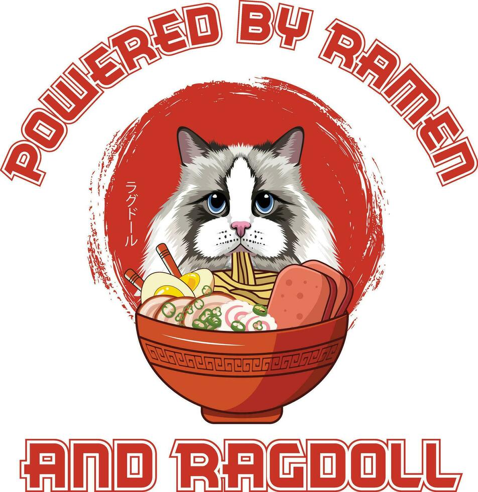 Ramen Sushi Ragdoll Cat Vector illustrations for Graphic Design, t-shirt prints, posters, and Mugs.