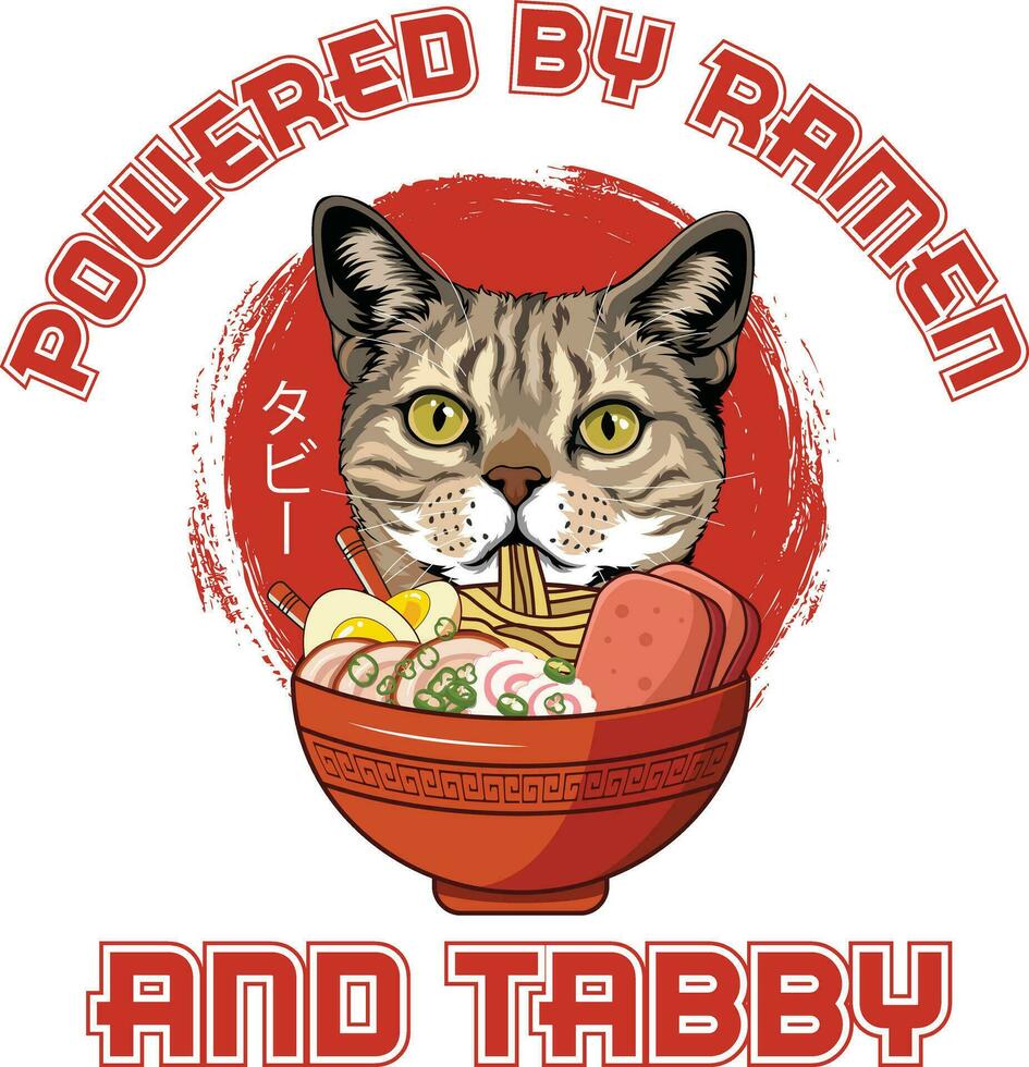 Ramen Sushi Tabby Cat Vector illustrations for Graphic Design, t-shirt prints, posters, and Mugs.