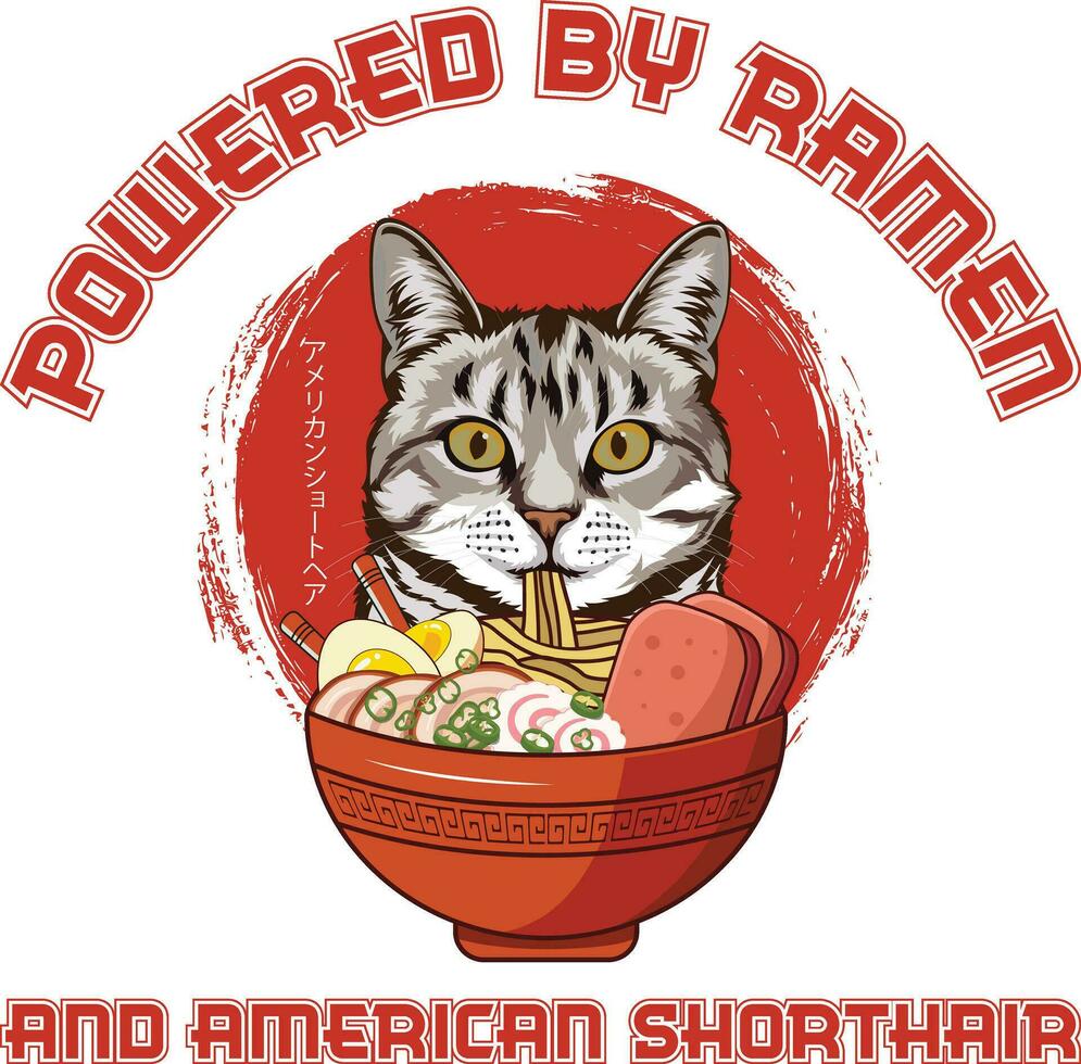 Ramen Sushi American Shorthair Cat Vector illustrations for Graphic Design, t-shirt prints, posters, and Mugs.