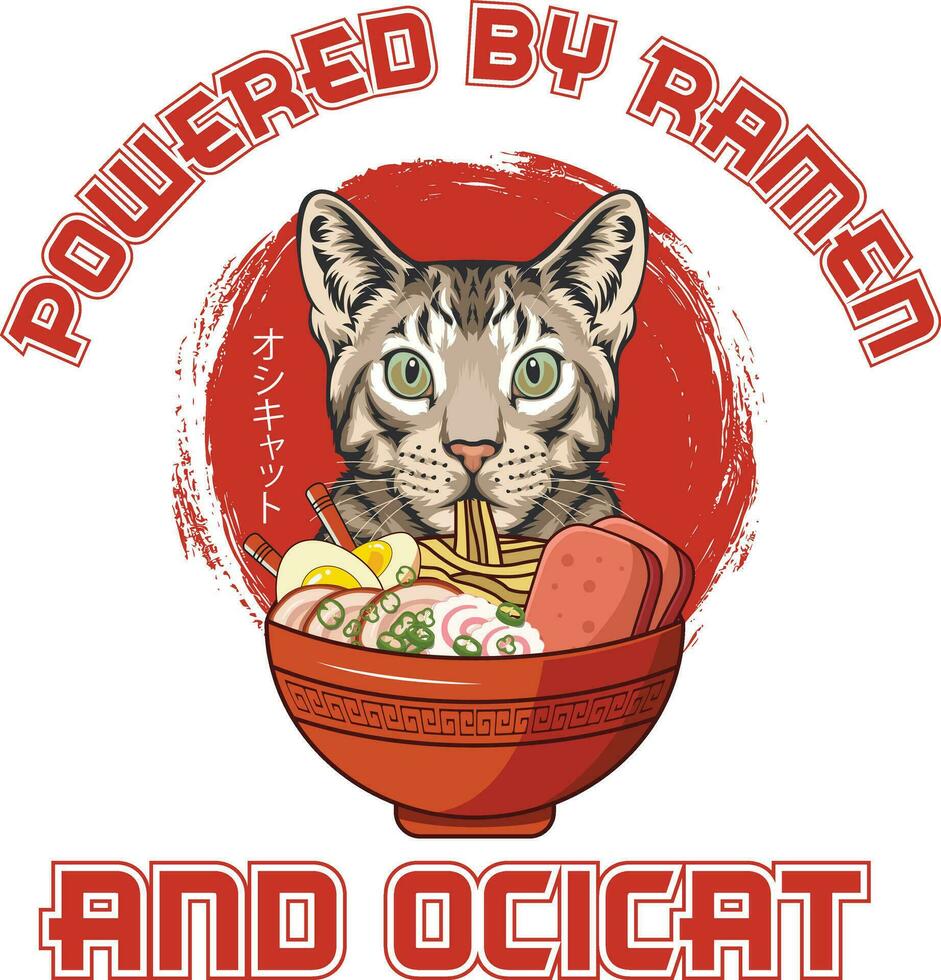 Ramen Sushi Ocicat Cat Vector illustrations for Graphic Design, t-shirt prints, posters, and Mugs.