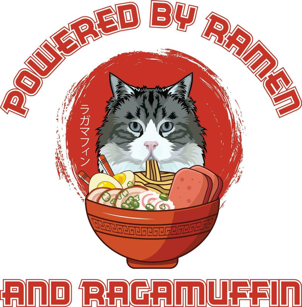 Ramen Sushi Ragamuffin Cat Vector illustrations for Graphic Design, t-shirt prints, posters, and Mugs.