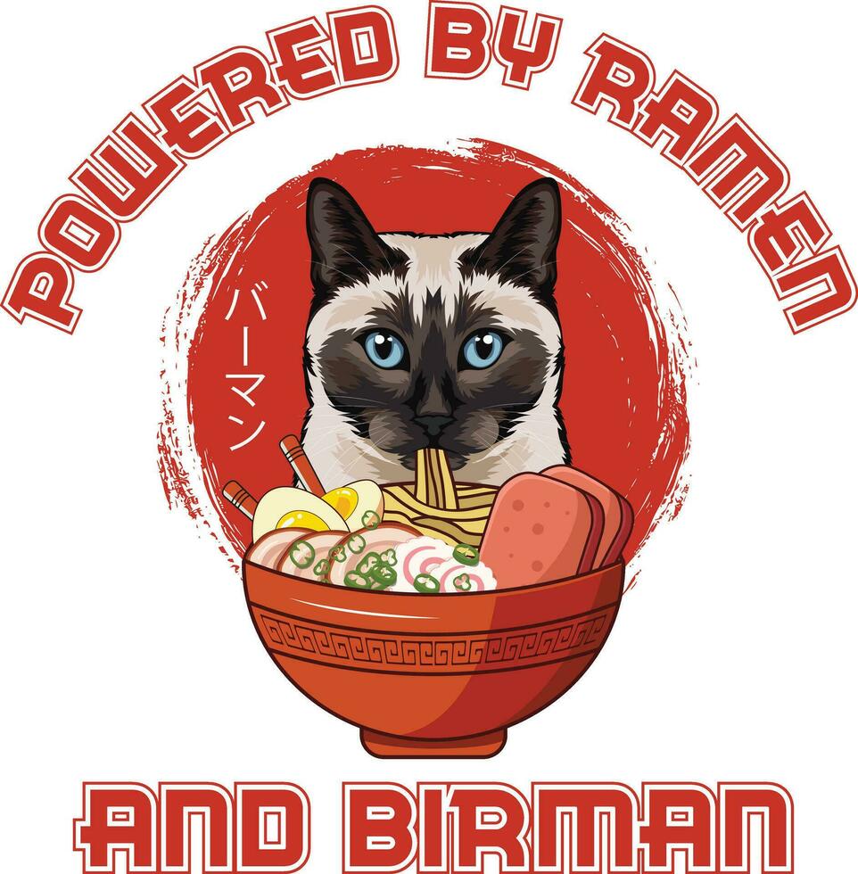 Ramen Sushi Birman Cat Vector illustrations for Graphic Design, t-shirt prints, posters, and Mugs.