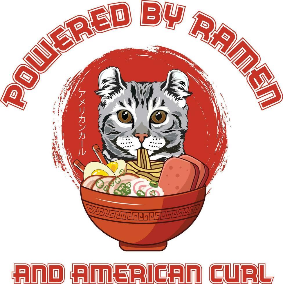 Ramen Sushi American Curl Cat Vector illustrations for Graphic Design, t-shirt prints, posters, and Mugs.