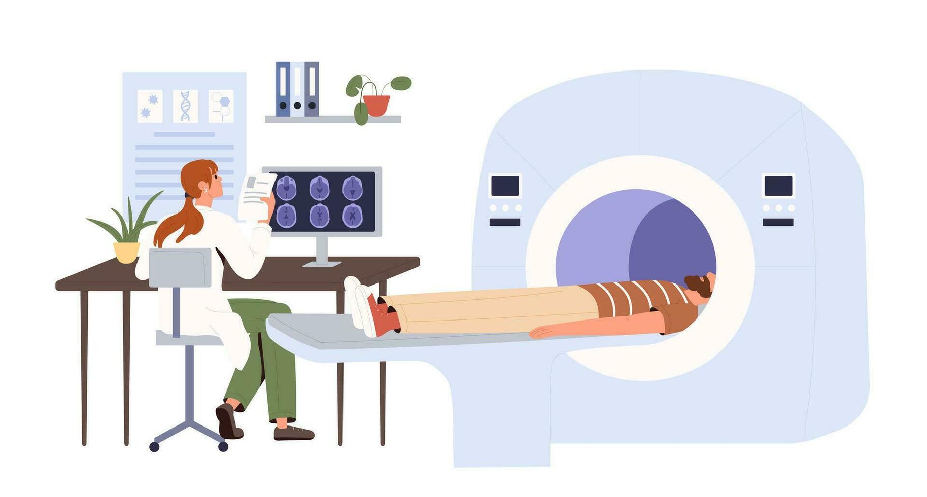 MRI device. MRI scan. CT. Magnetic reasoning imaging. Doctor is looking at medical record, carrying out brain scan. Patient is laying on the device. Medical equipment. vector