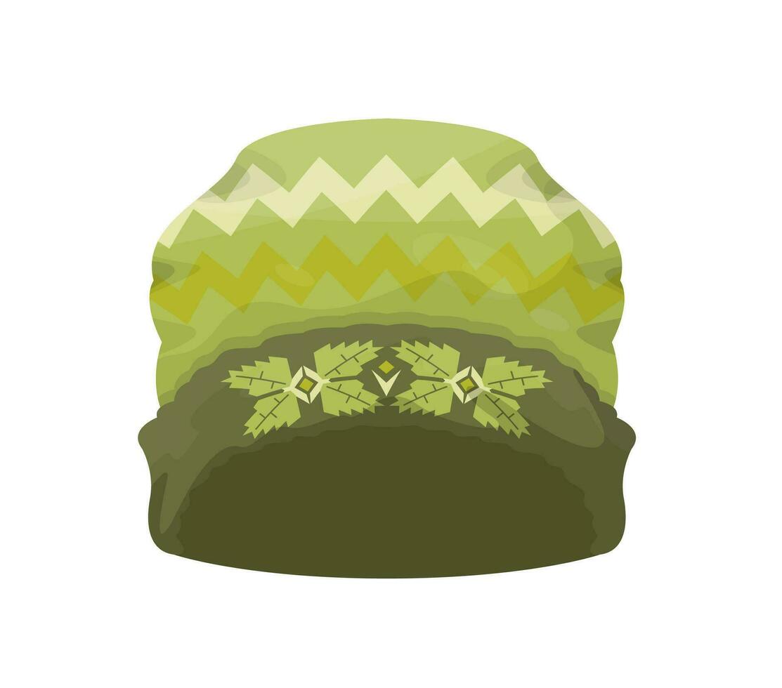 Knitted green wooly hat with ornament isolated. Winter clothes. Flat vector illustration.
