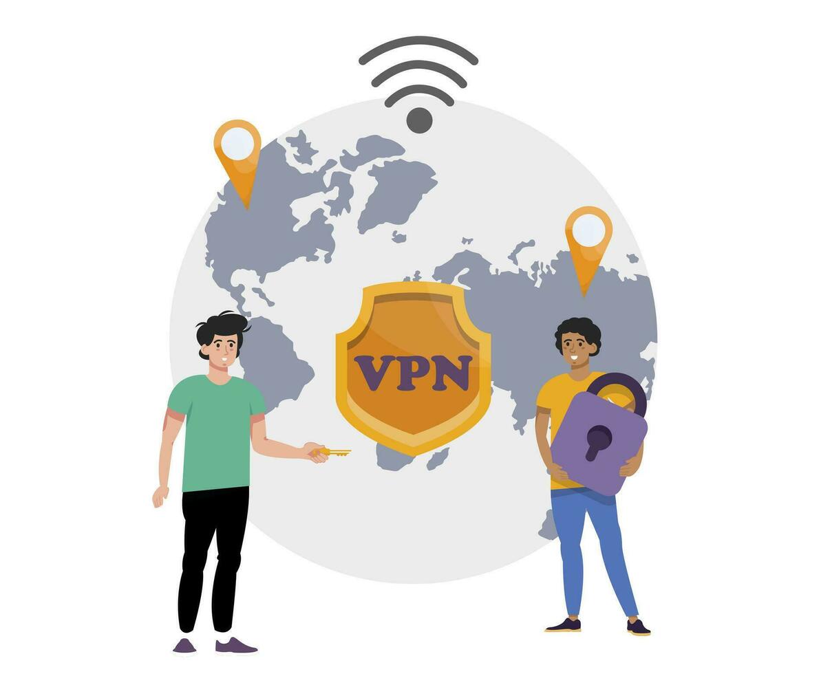 VPN concept, banner. Virtual private network. Flat vector illustration. Change of ip adress. Software, app