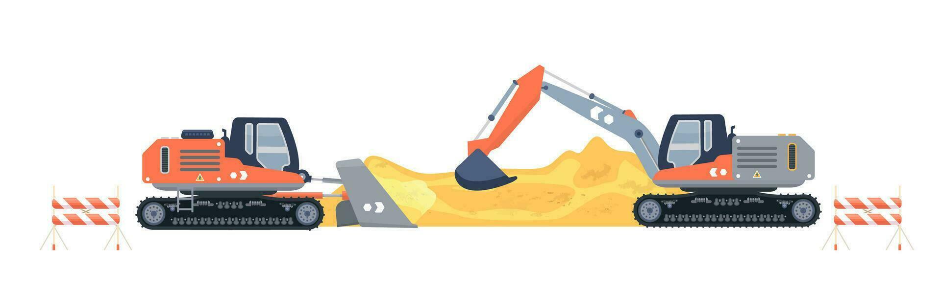Construction site with excavator and bulldozer. Heavy machinery. Sand, concrete. Flat vector illustration.
