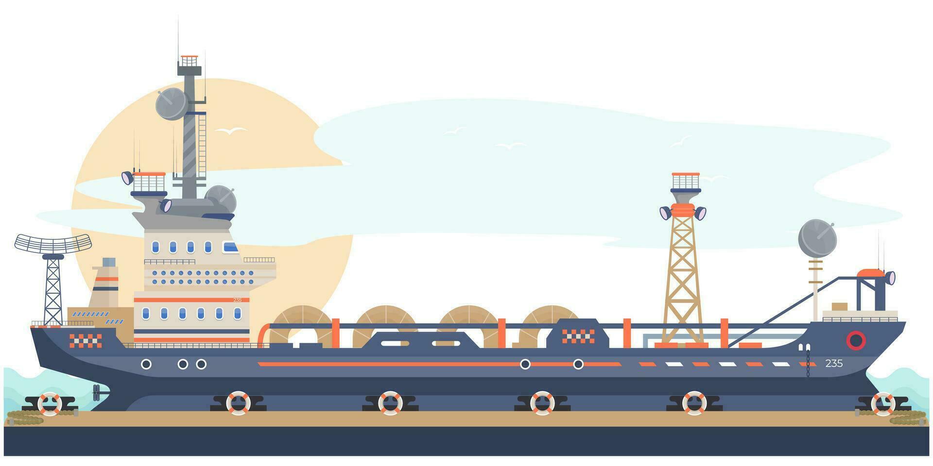 Ship in the pier, embankment. Vessel ready to sail. Navy concept. Shipbuilding illustration. Flat vector. vector