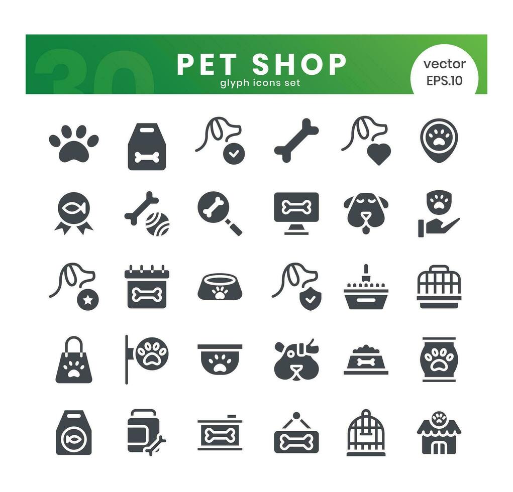 Set of pet shop icons. Glyph style icon bundle. Vector Illustration