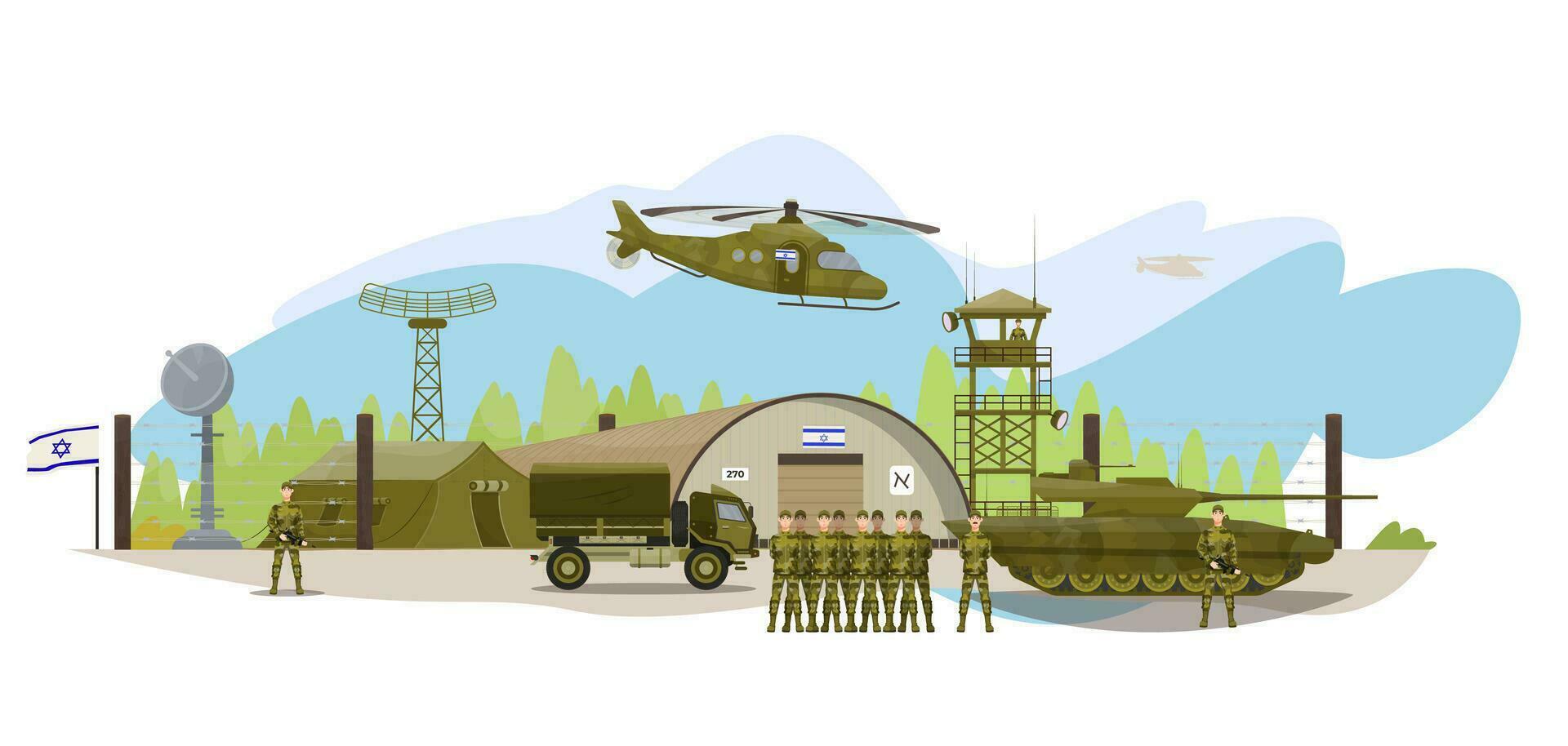 Israeli military base with soldiers, helicopters, tanks, tents, storage buildings, trucks. Middle east conflict. Fight preparation. vector