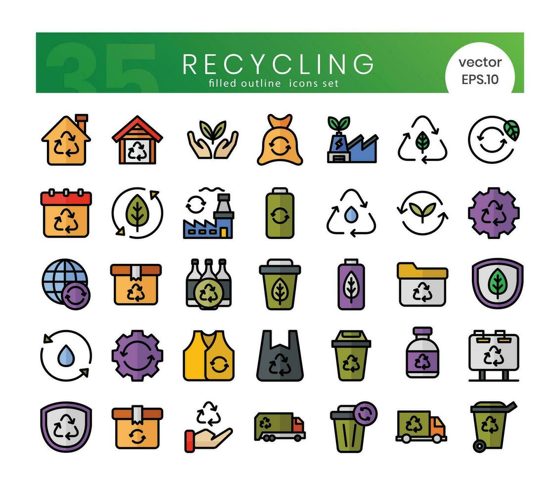 Set of recycling icons. Filled outline style icon bundle. Vector Illustration