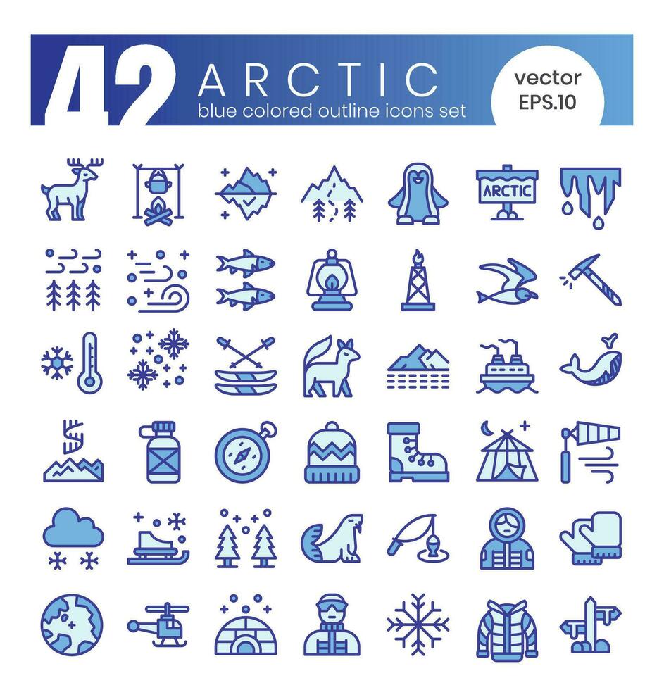 Set of Arctic icons. Blue colored outline style icon bundle. Vector Illustration