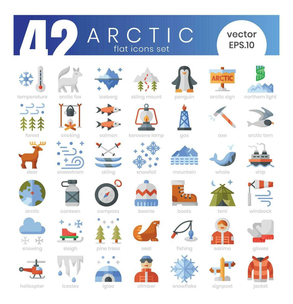 Set of Arctic icons. Flat style icon bundle. Vector Illustration