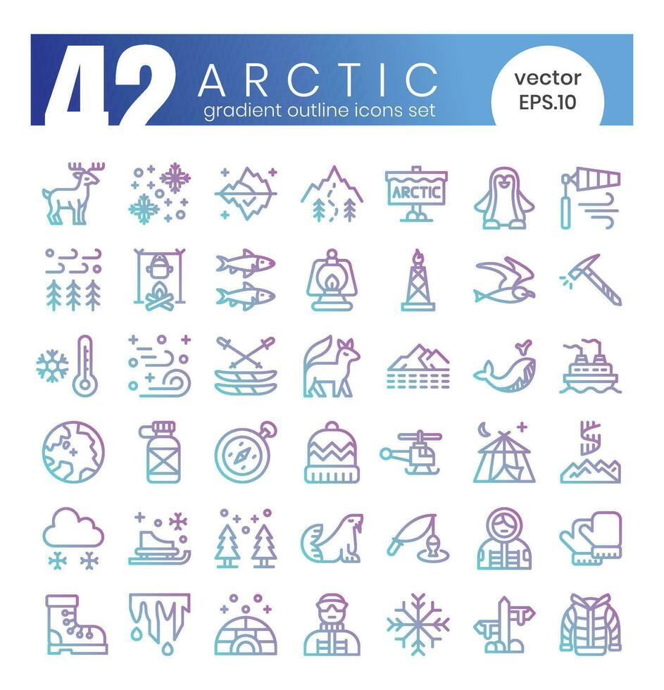 Set of Arctic icons. Gradient outline style icon bundle. Vector Illustration