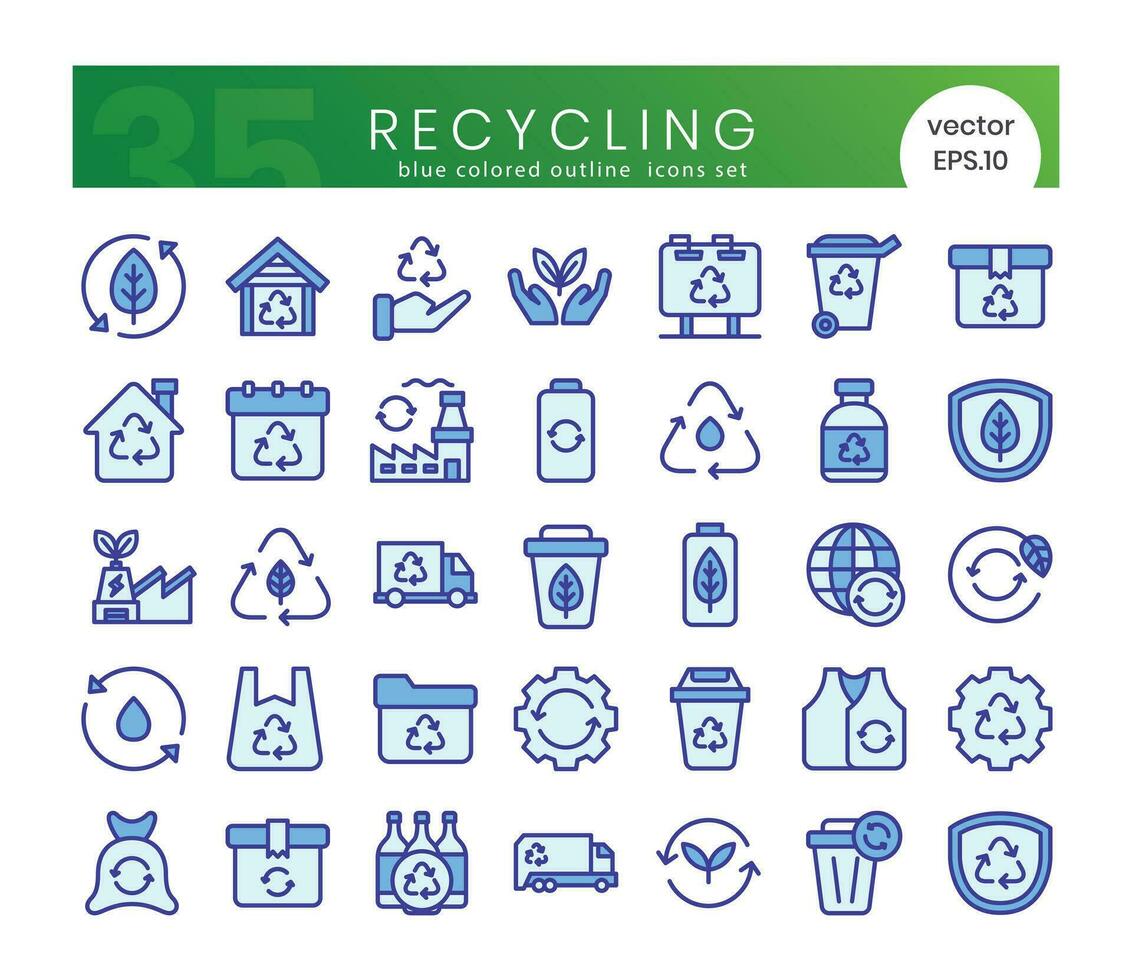 Set of recycling icons. Blue colored outline style icon bundle. Vector Illustration