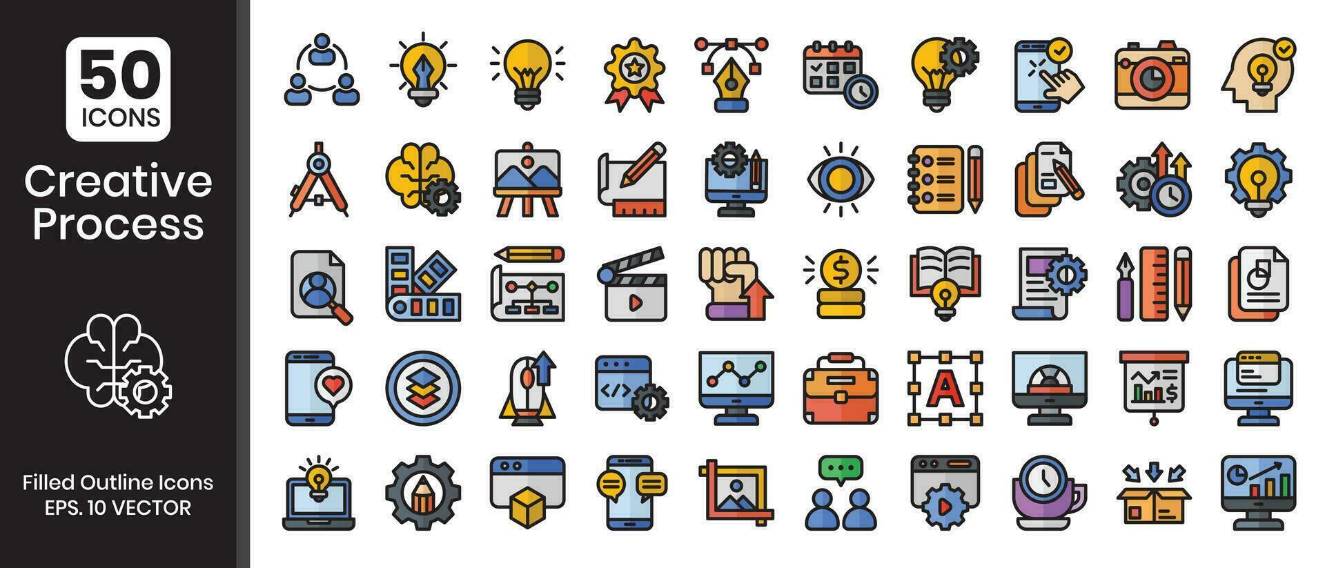 Creative process icons set. Filled outline style icons pack. Vector illustration