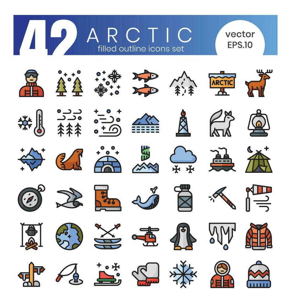 Set of Arctic icons. Filled outline style icon bundle. Vector Illustration