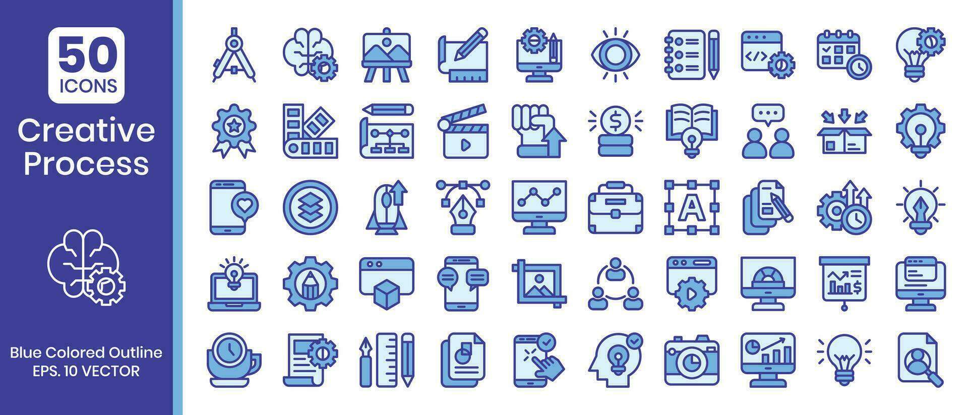 Creative process icons set. Blue colored outline style icons pack. Vector illustration