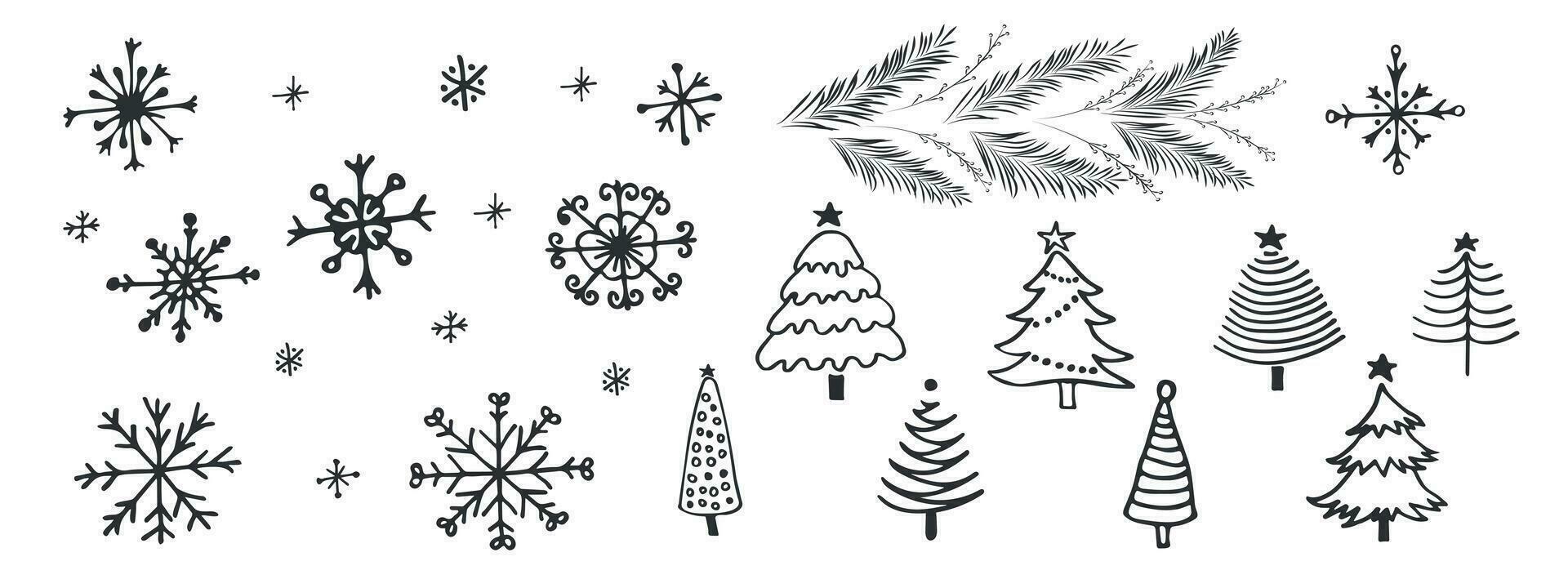 Hand-drawn New Year and Christmas trees and snowflakes. vector