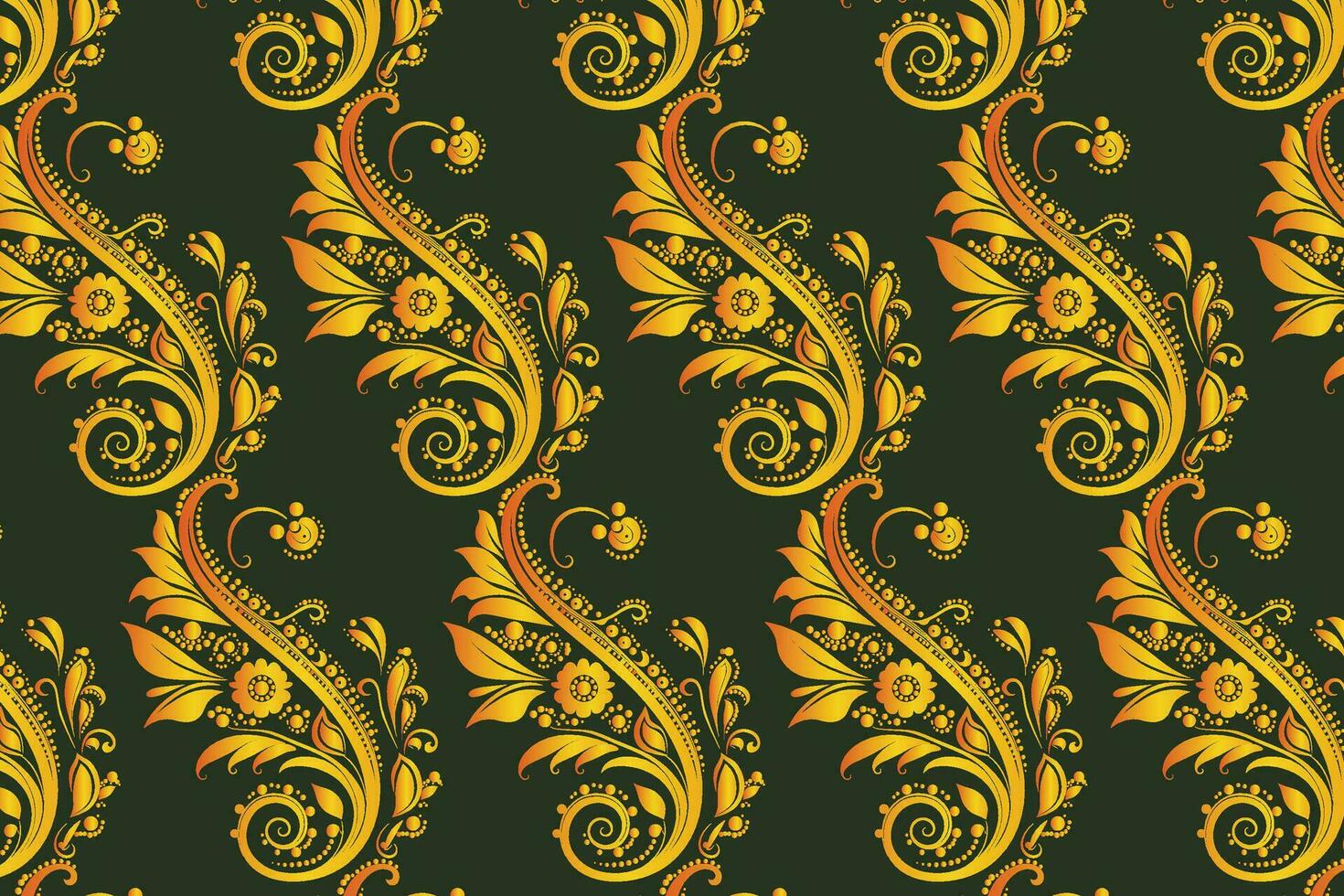 Yellow Floral Paisley Pattern on a Dark Green Seamless Background vector