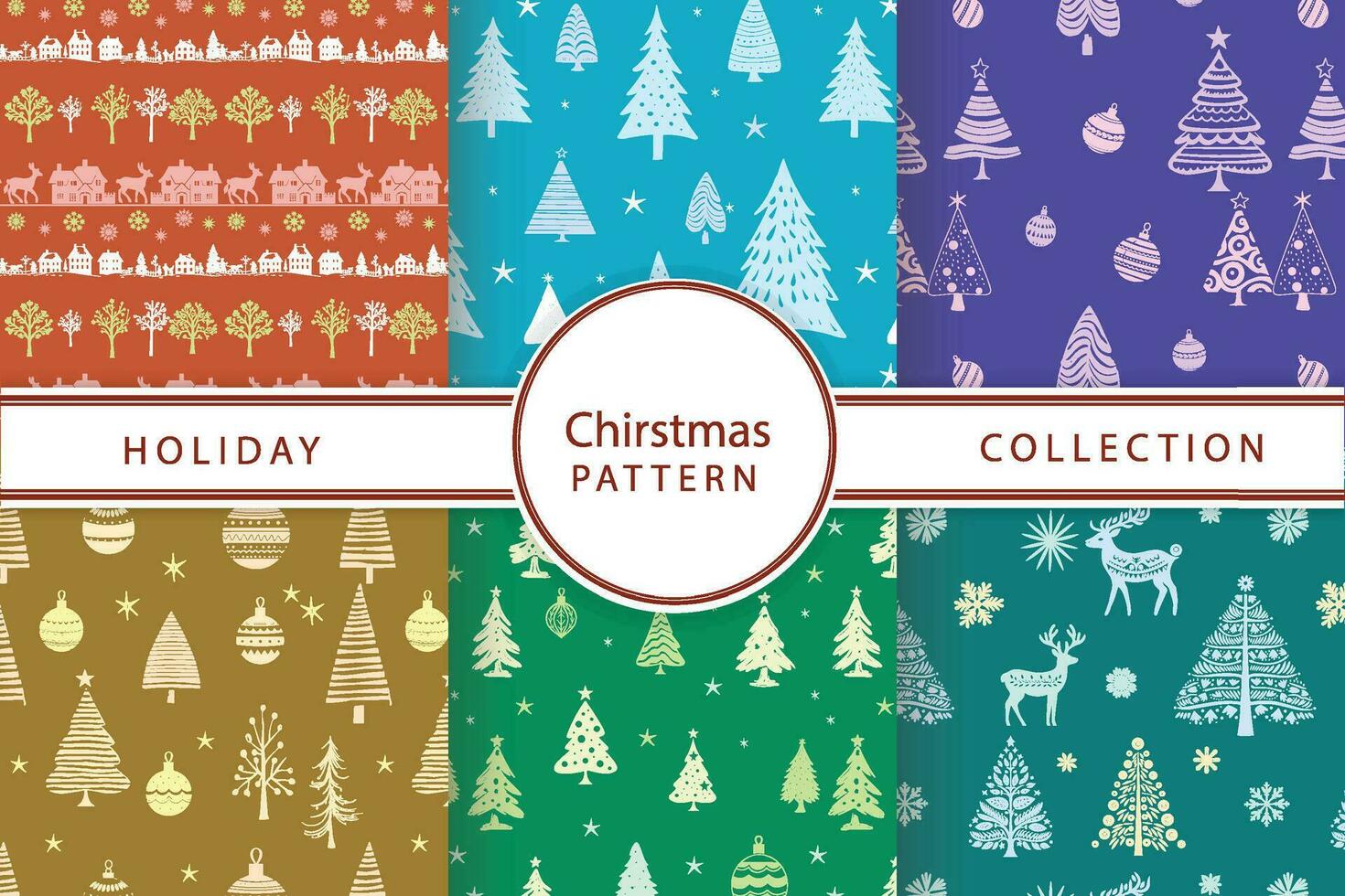 Christmas Pattern Collection, Holiday Trees, Reindeer, and Snowflakes vector