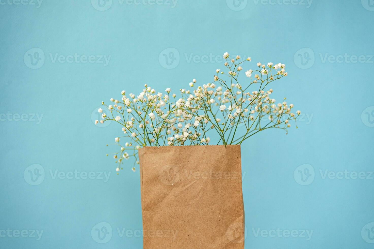 Craft packaging with small white gypsophila flowers on a blue background. Place for the logo photo