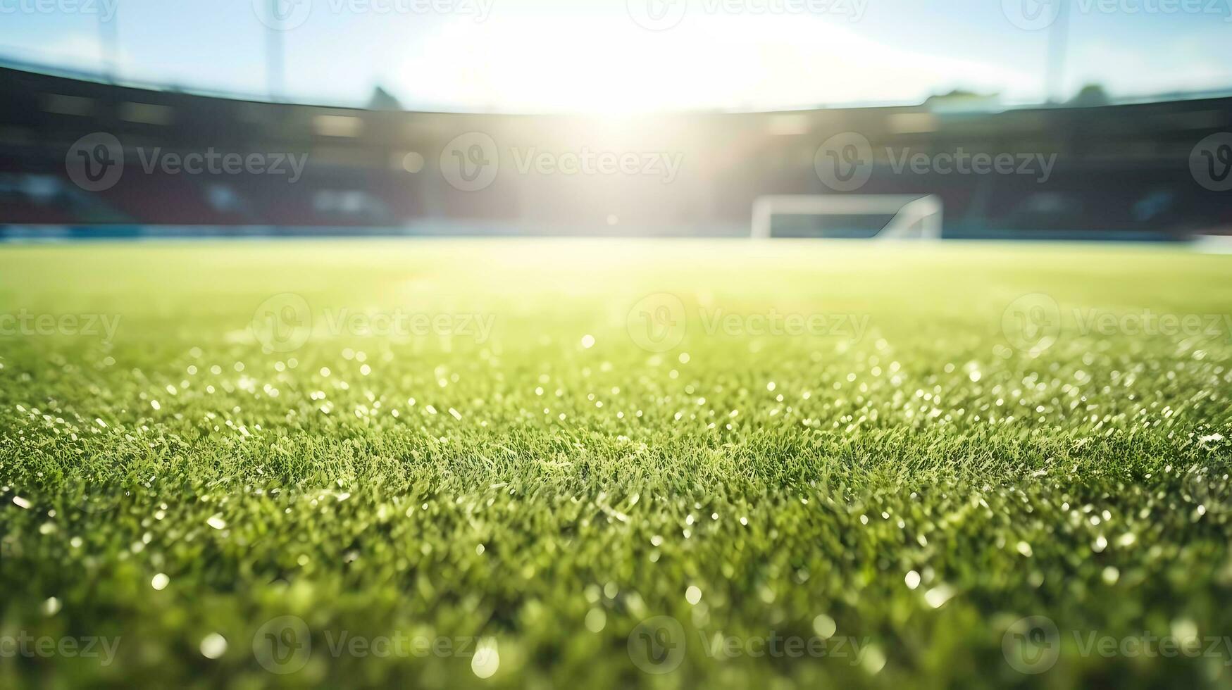 ai generated Grass at the football stadium. Low angle shot. Textured free soccer field in the evening light photo