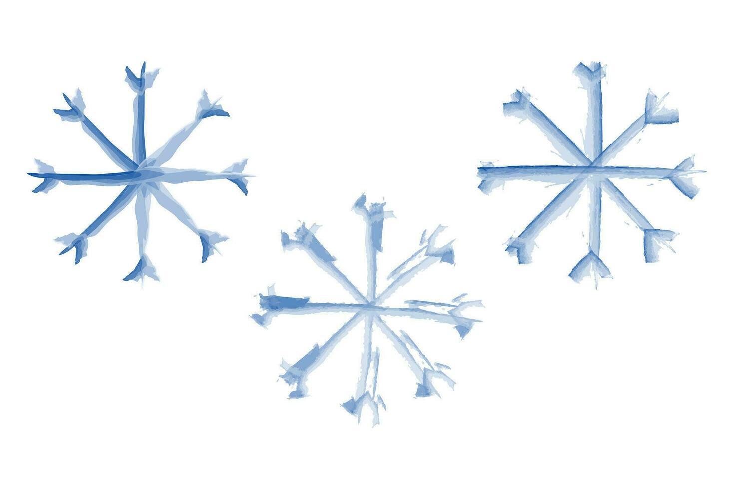 Abstract hand drawn snowflakes in watercolor manner. 3 Doodle winter design elements in trendy blue vector