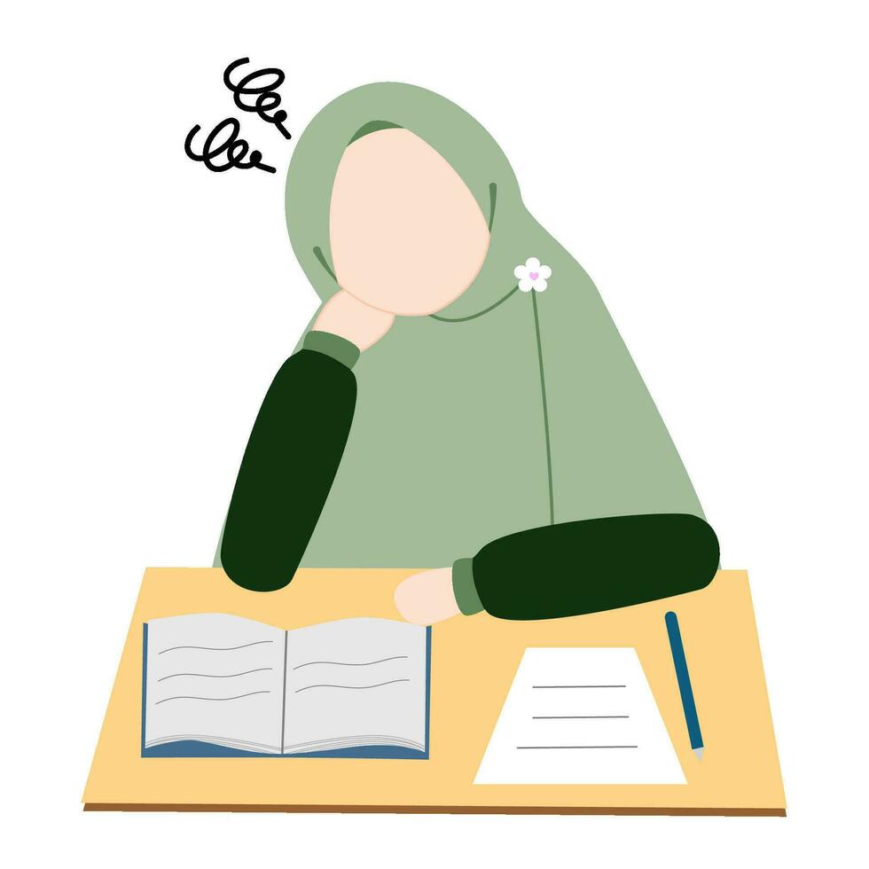 Illustration of a Muslim woman tired of studying vector