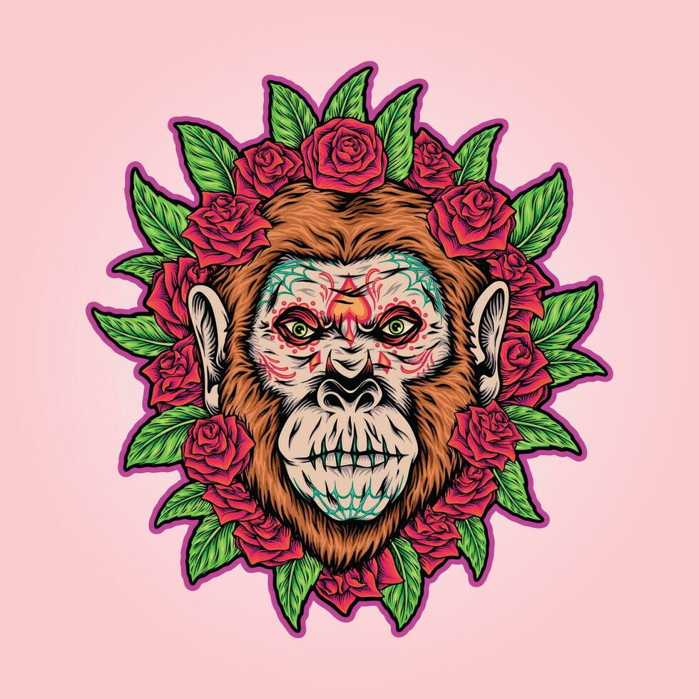 Monkey muertos floral sugar skull vector illustrations for your work logo, merchandise t-shirt, stickers and label designs, poster, greeting cards advertising business company or brands.