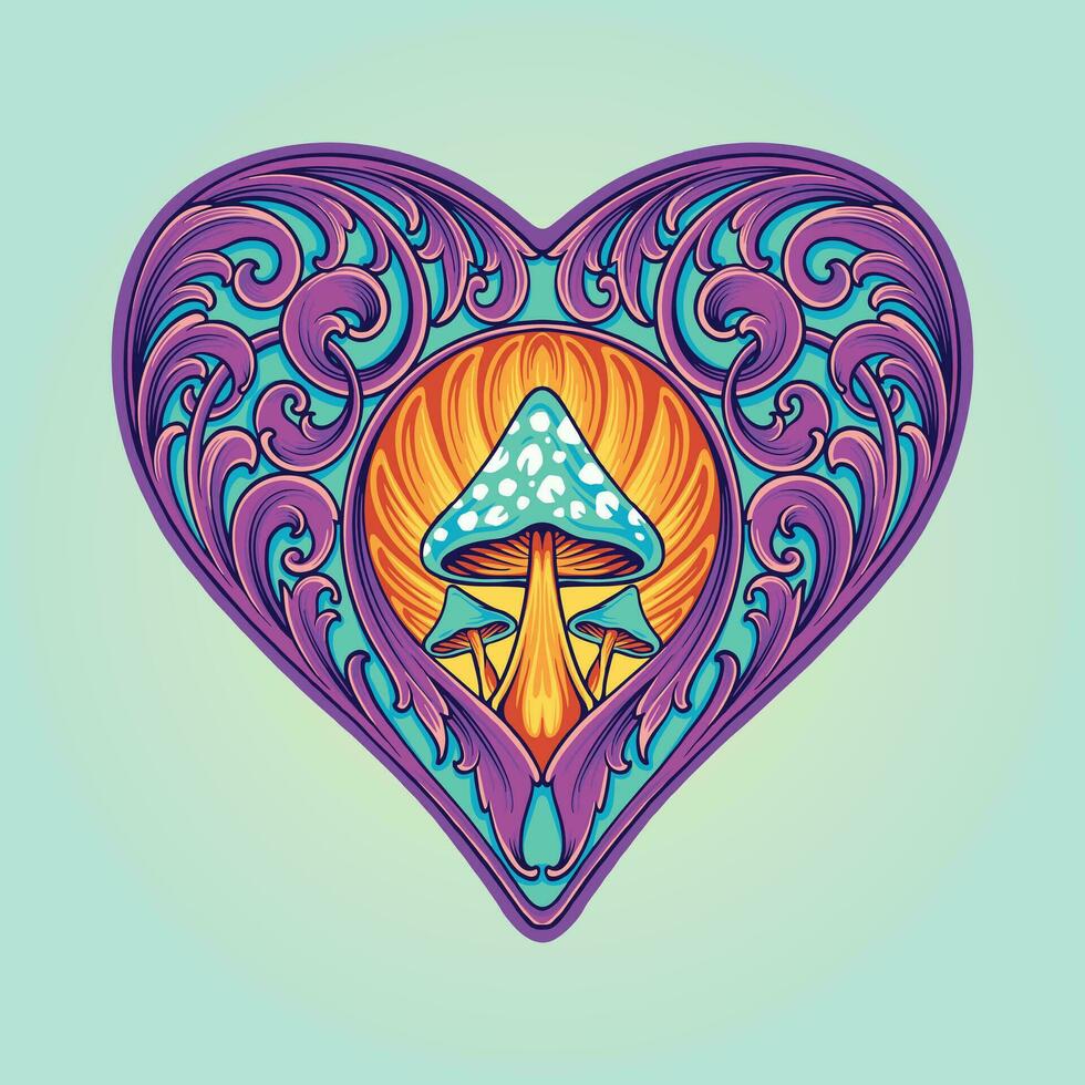 Fantasy flourish heart ornament with mushroom elegant vector illustrations for your work logo, merchandise t-shirt, stickers and label designs, poster, greeting cards advertising business company