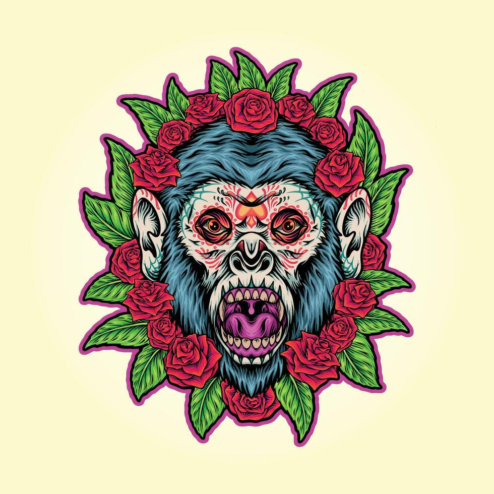 Creepy monkey sugar skull ornament fear vector illustrations for your work logo, merchandise t-shirt, stickers and label designs, poster, greeting cards advertising business company or brands.