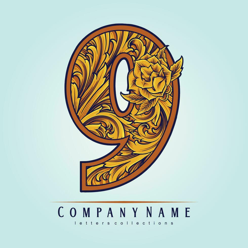 Luxurious vintage number 9 monogram emblem vector illustrations for your work logo, merchandise t-shirt, stickers and label designs, poster, greeting cards advertising business company or brands.