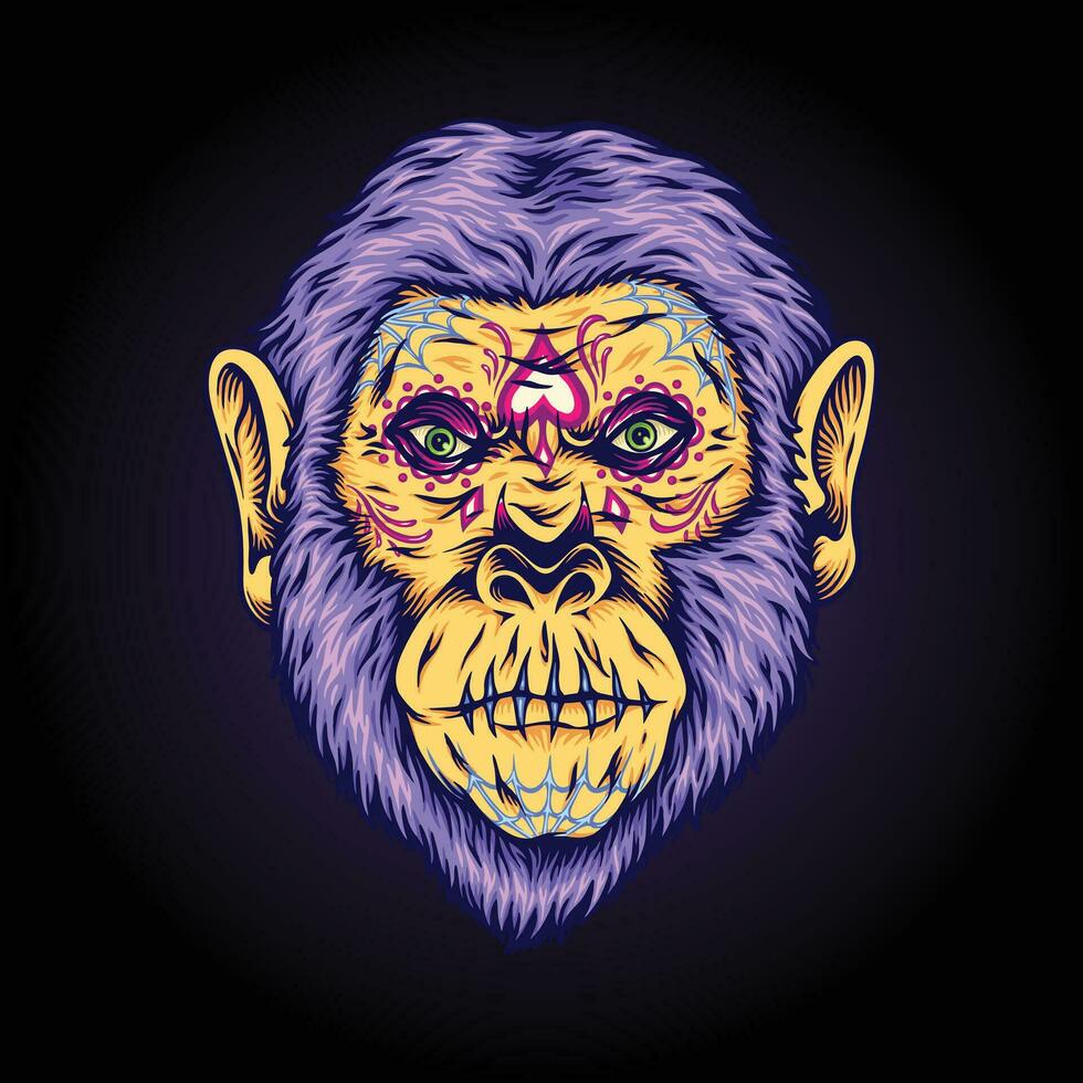 Creepy monster gorilla head muerte ornament vector illustrations for your work logo, merchandise t-shirt, stickers and label designs, poster, greeting cards advertising business company or brands.