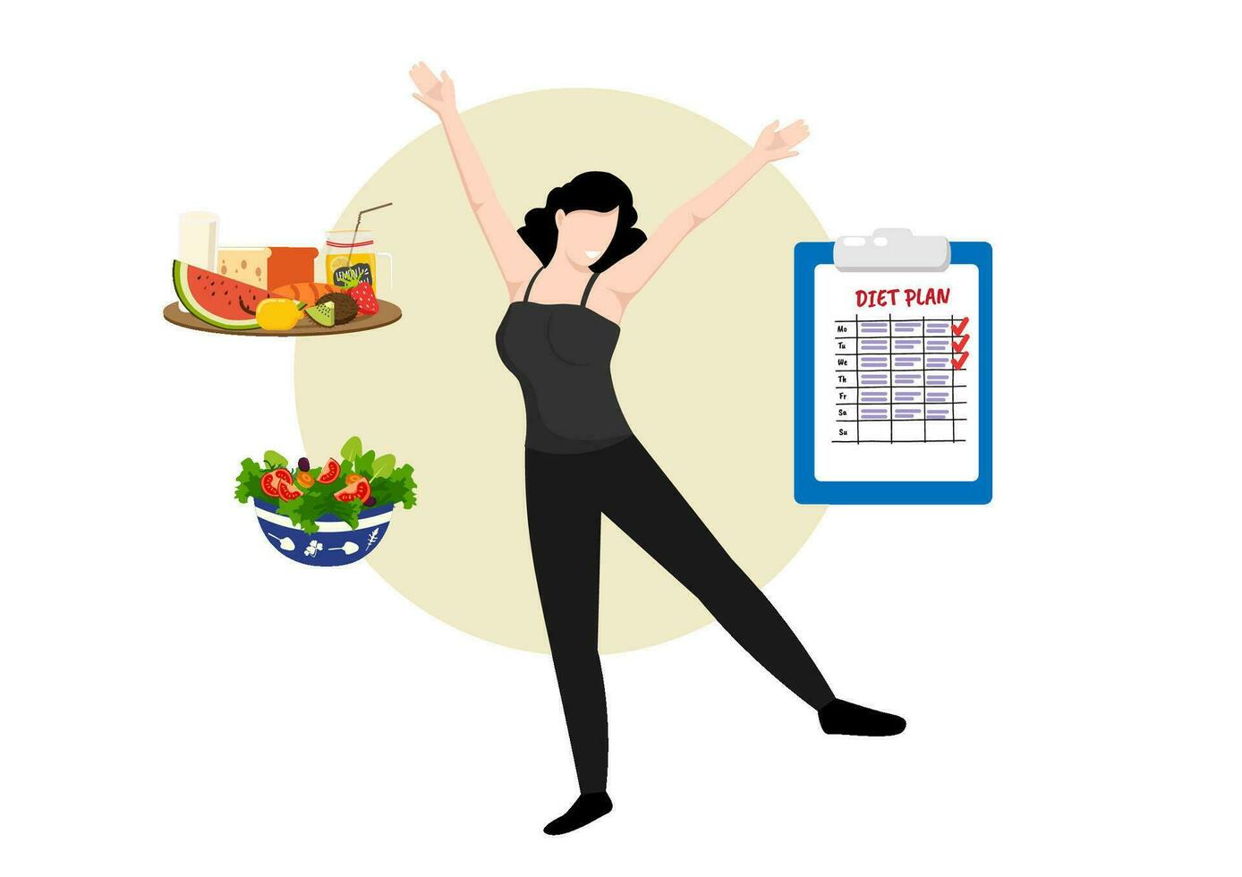 The girl's healthy lifestyle is glad that she can control her diet. Ready to check the daily meal plan Vector illustration