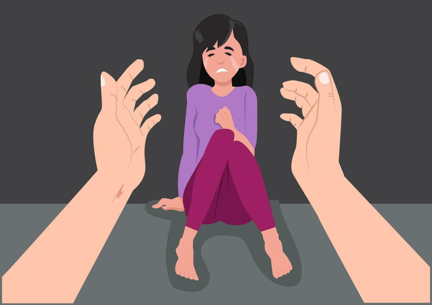 Human hands helping a sad and unhappy young woman in depression sit, lonely girl hugging her knees, sadness, mental health concept, vector illustration