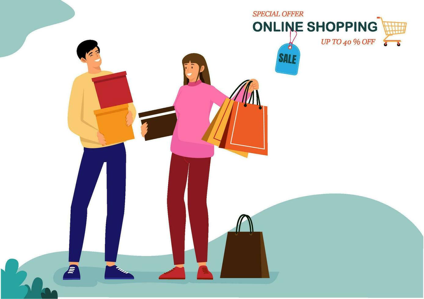 Happy family couple with shopping. Man and woman with bags. Big Sale. Vector illustration of a flat design