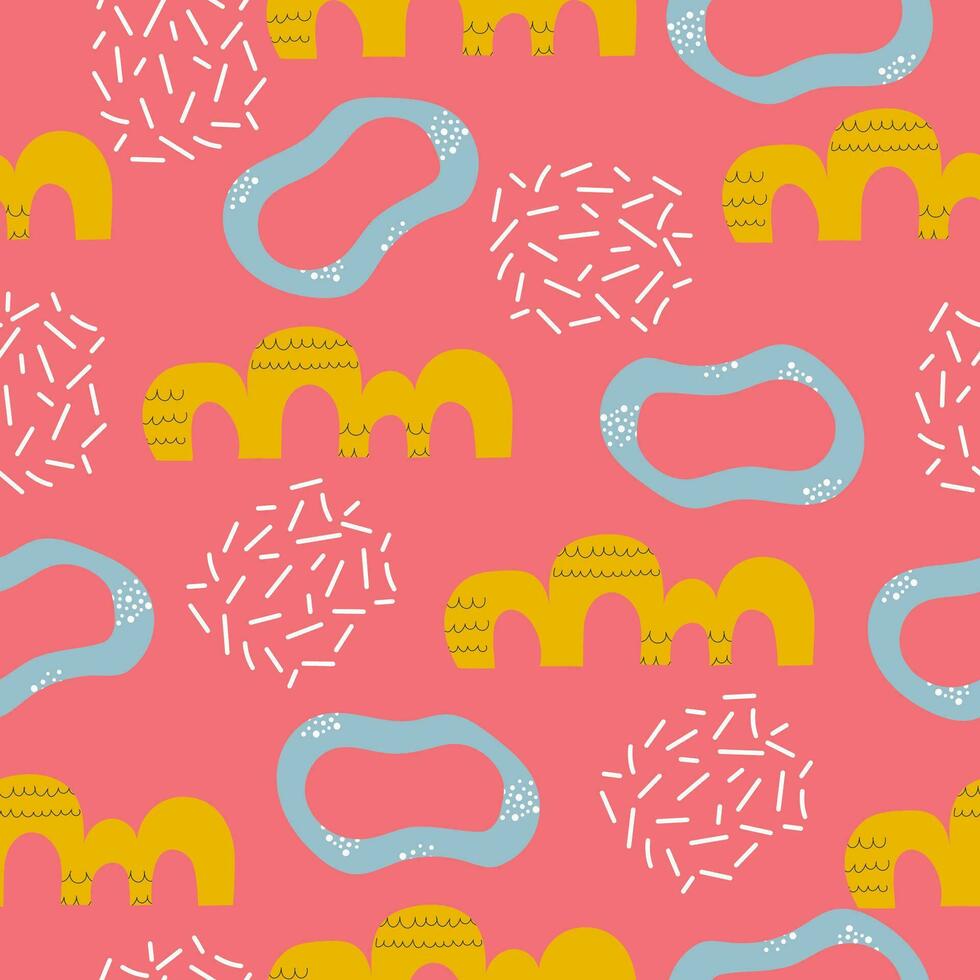 Trendy abstract seamless pattern with simple hand drawn shapes. Vector design on pink background.