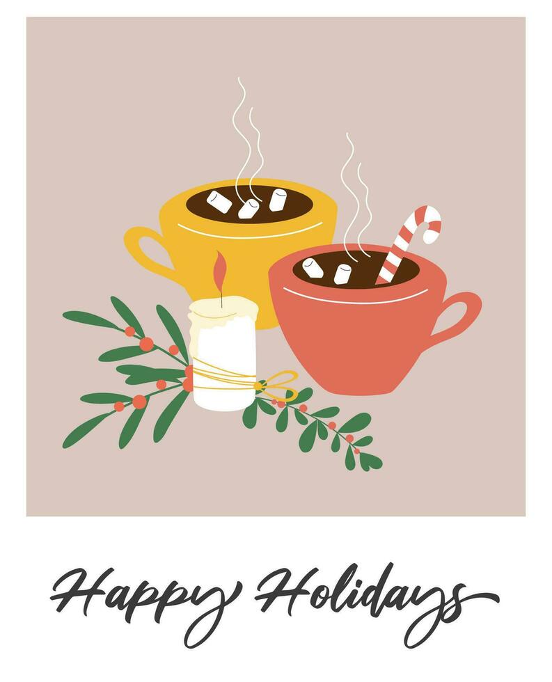 Happy holidays Christmas card with two hot cocoa cups, marshmallows and candle. Vector design in pastel colours.