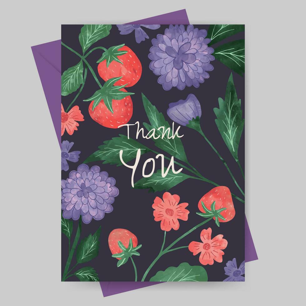 thank you card with strawberries and floral watercolor illustration vector