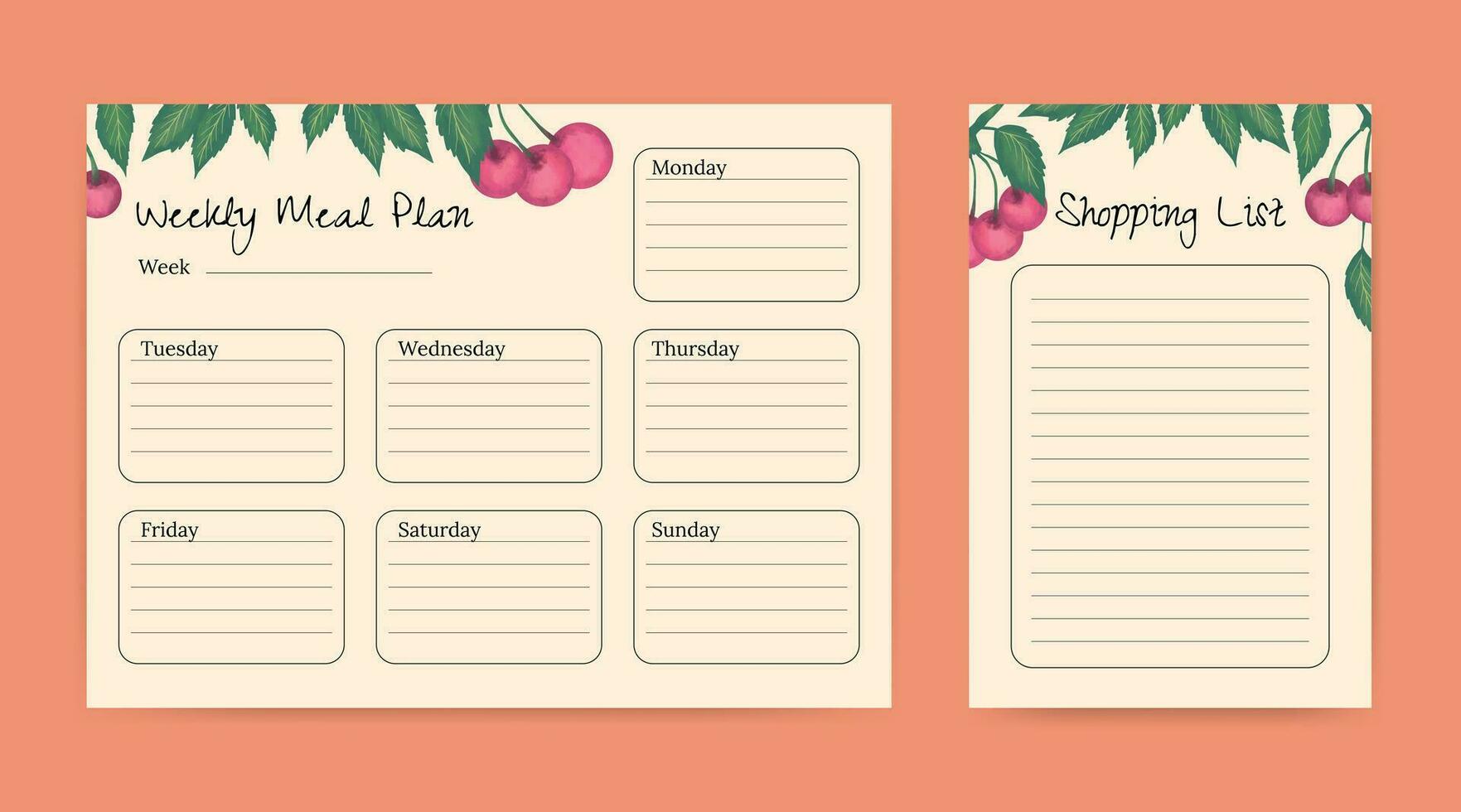 meal planner and shopping list template with fruit illustration vector