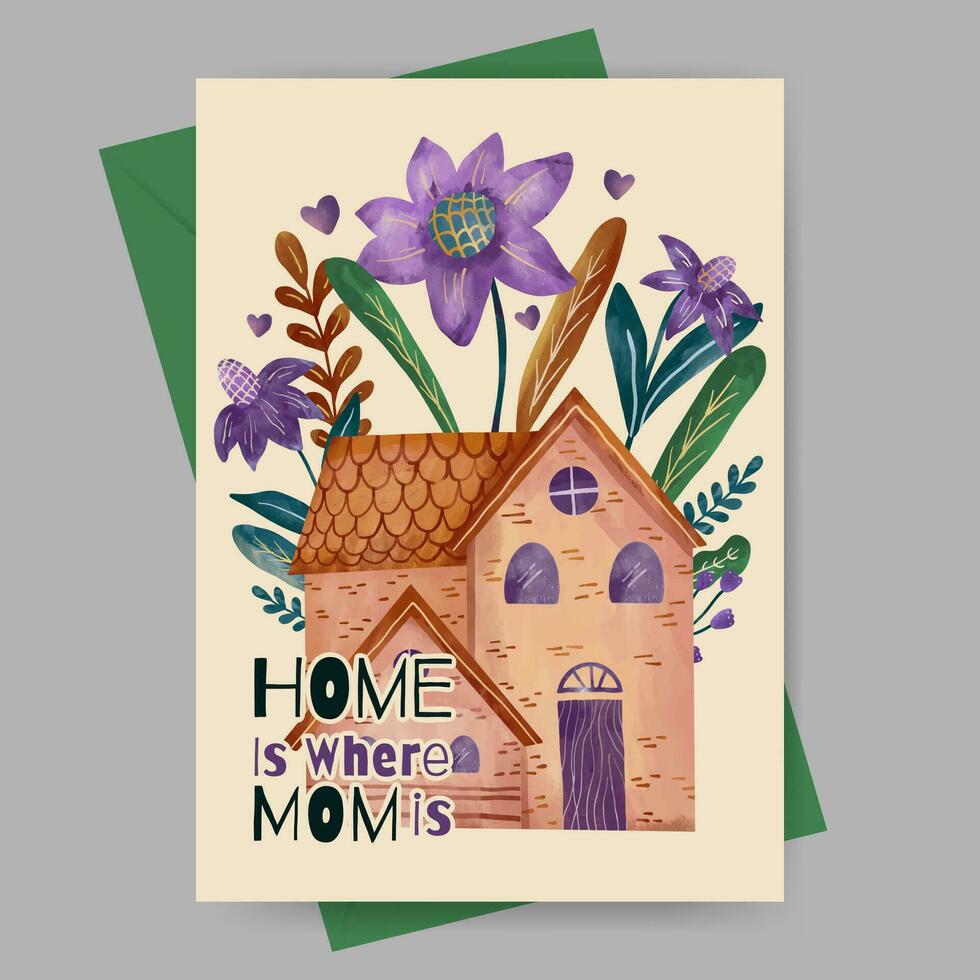 mothers day greeting card with floral and watercolor house illustration vector