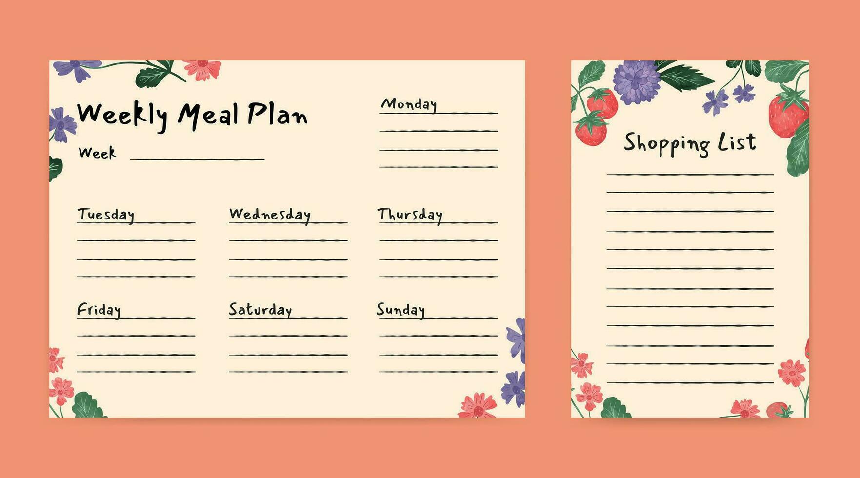 meal planner and shopping list template with fruit flower illustration vector