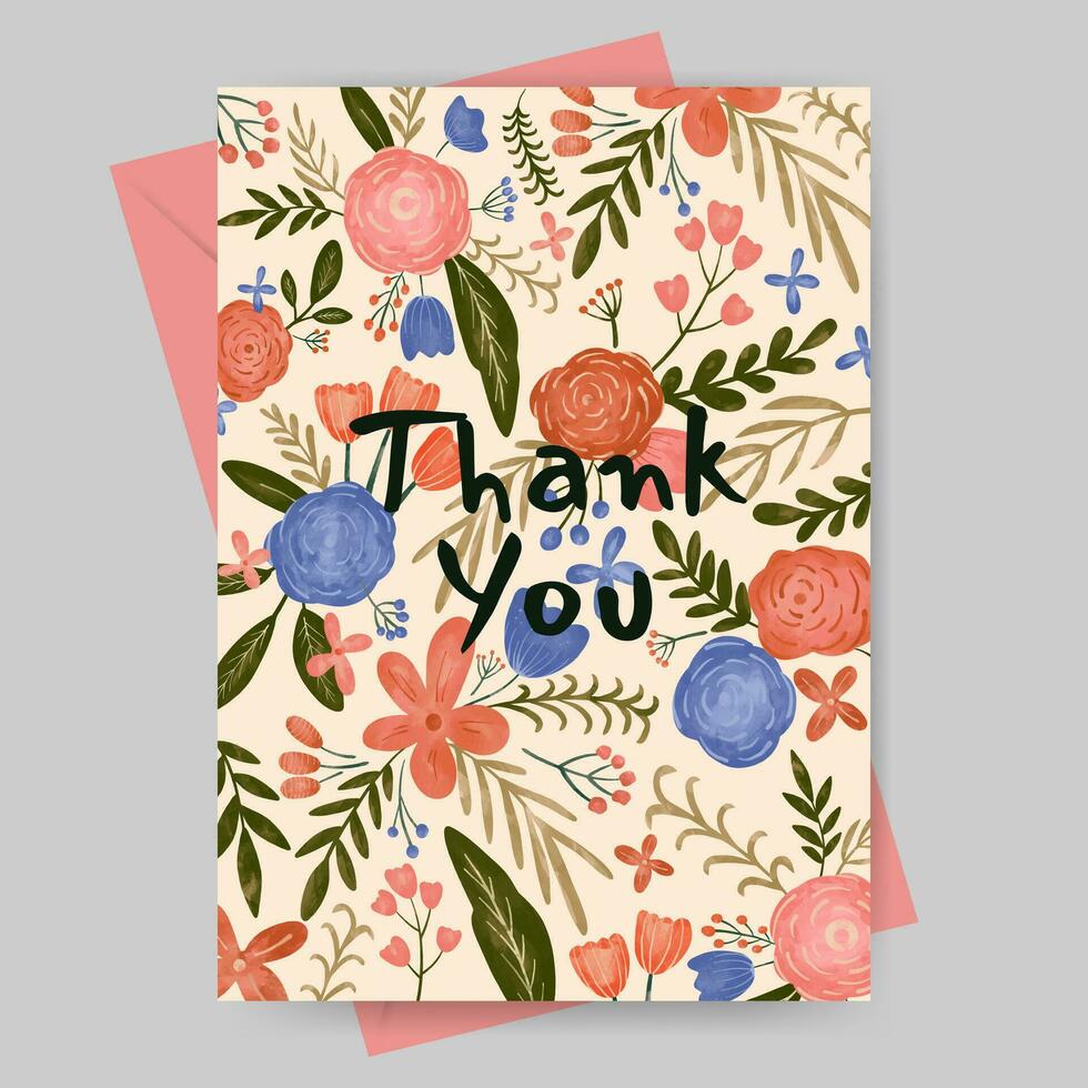 thank you card with colorful flower illustration vector