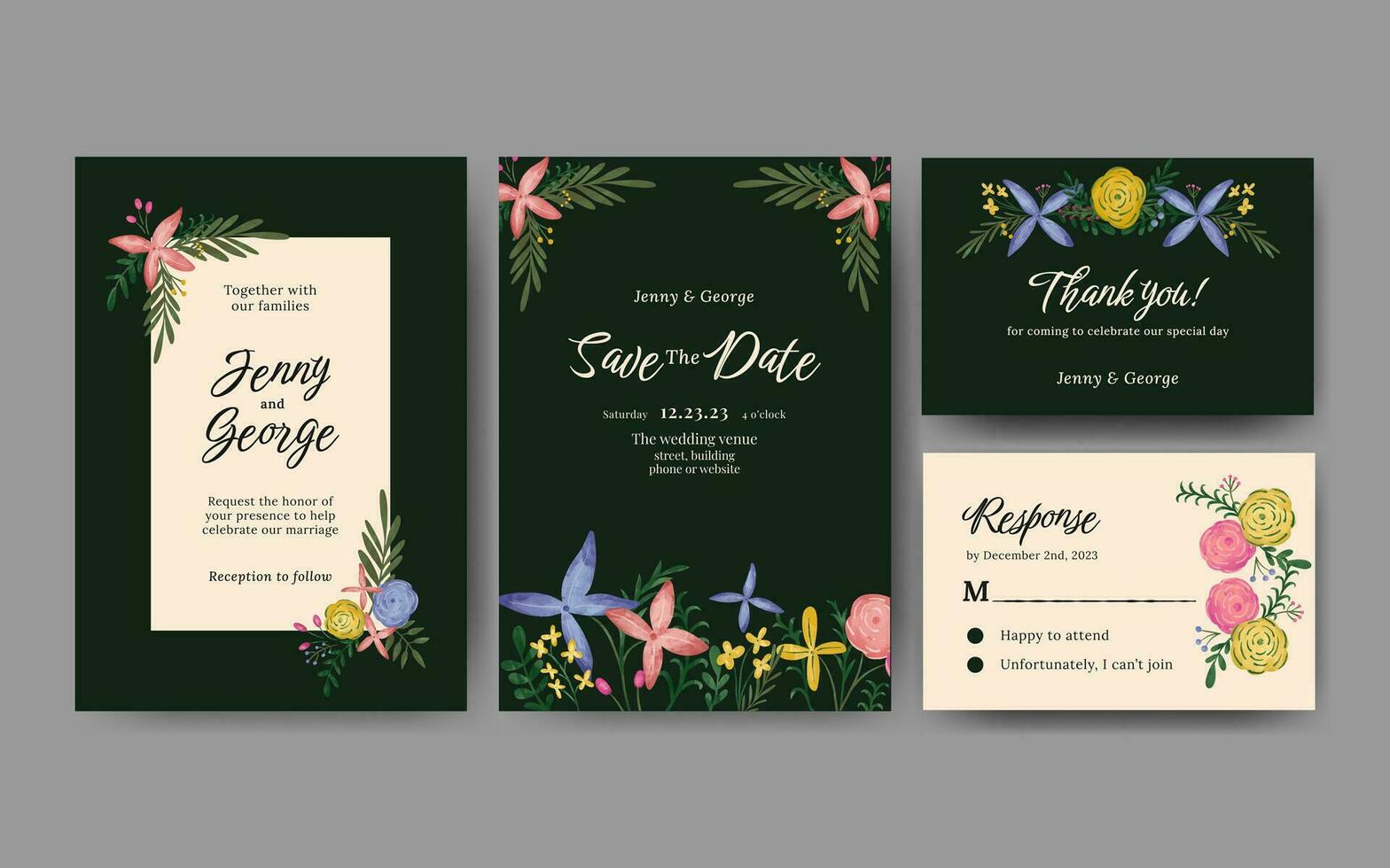 wedding invitation card template design  colorful floral illustration vector