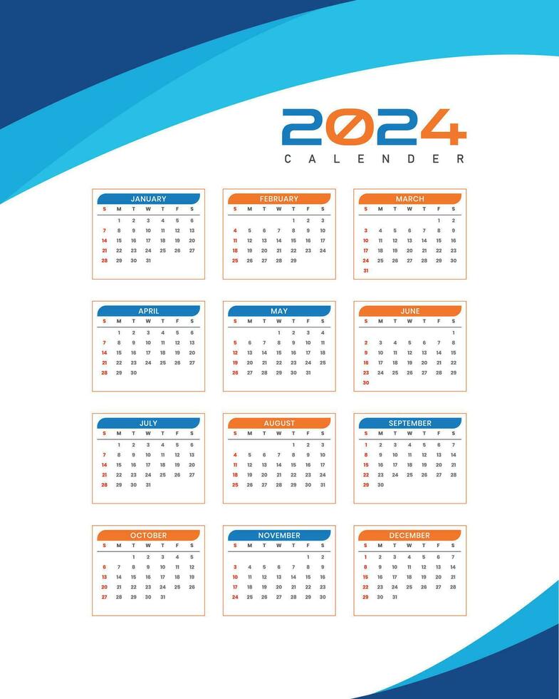 elegante 2024 nuevo año calendario diseño modelo un lleno página diseño vector