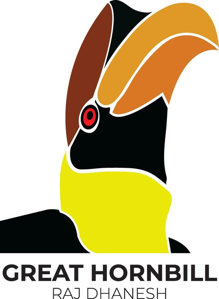 The great hornbill is a large bird,  The first two neck vertebrae of the hornbills have been fused to support their large bill. Though its bill looks quite heavy. vector